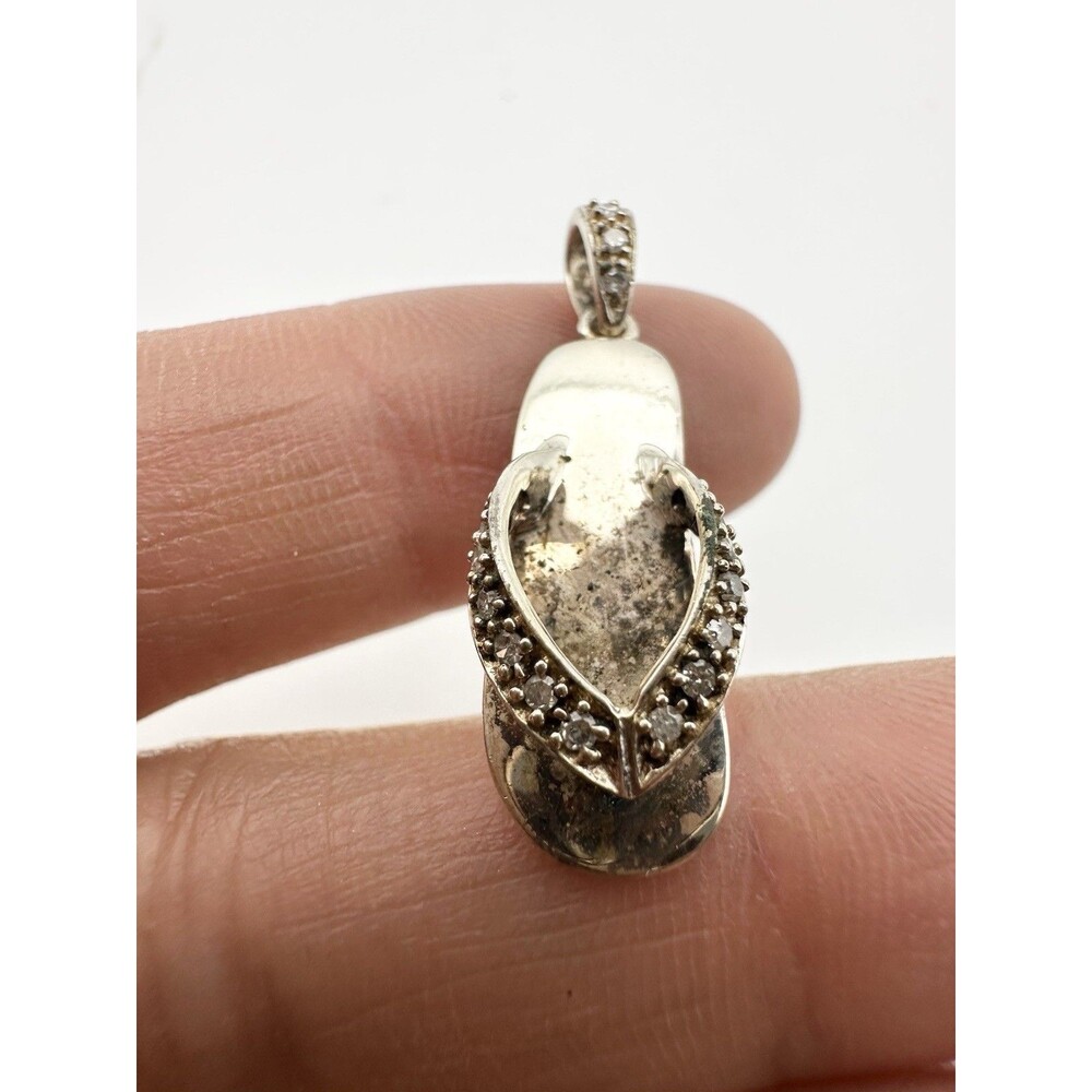 925 Sterling Silver Real Round-Cut Diamond Flip Flop 3D Charm Pendant
